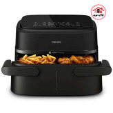 عکس سرخ کن فیلیپس که درب آن نیمه باز است داخل سبد سمت راست مرغ سوخاری و داخل سبد سمت چپ سیب زمینی سرخ شده است.