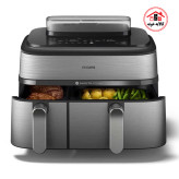 دو بسکت سرخ کن دوقلو فیلیپس مدل 555 که داخل آن ها مواد غذایی است و تا نیمه بیرون آمده است.