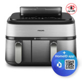 سرخ کن بدون روغن و دوقلوی فیلیپس مدل na555 که هوشمند است و بارکد اپلیکیشن آن در کنار تصویر است.