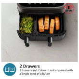 سرخ کن بدون روغن دوقلوی فیلیپس مدل na350 با ظرفیت 9 لیتر و دو بسکت یکی با ظرفیت 6 لیتر و دیگری با ظرفیت 3 لیتر که درب آن نیمه باز است